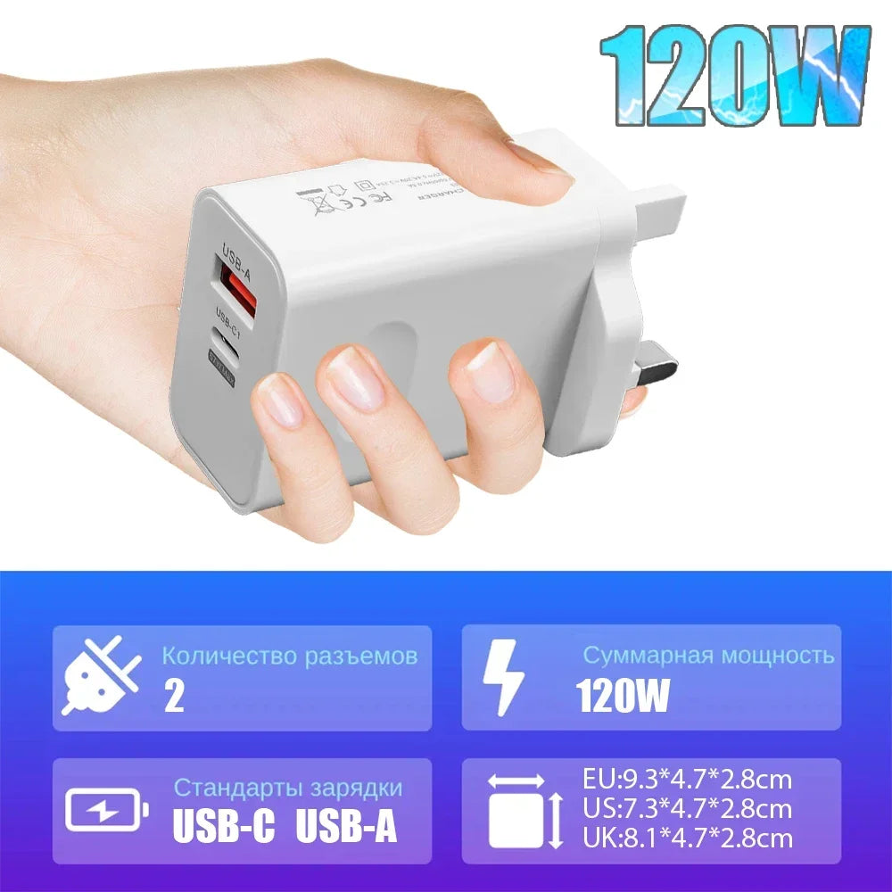 120W Fast Charger USB Type C PD Cable Fast Charging Quick Charge Adapter For iPhone 17 16 15 Pro Xiaomi Samsung Oneplus Huawei