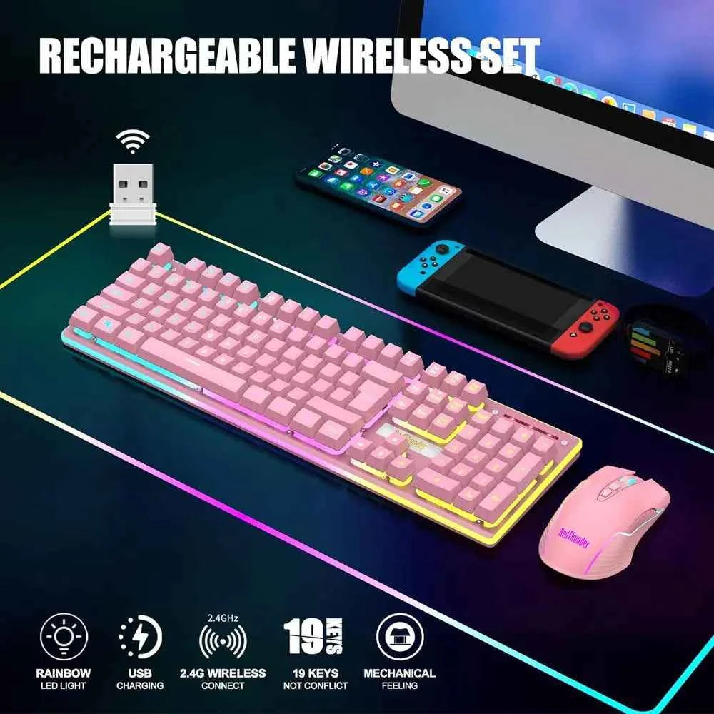 Wireless Gaming Keyboard and Mouse Set, LED Backlit, Rechargeable 3800mAh, Mechanical Key Anti-ghosting + 7D 3200DPI Gaming Mous