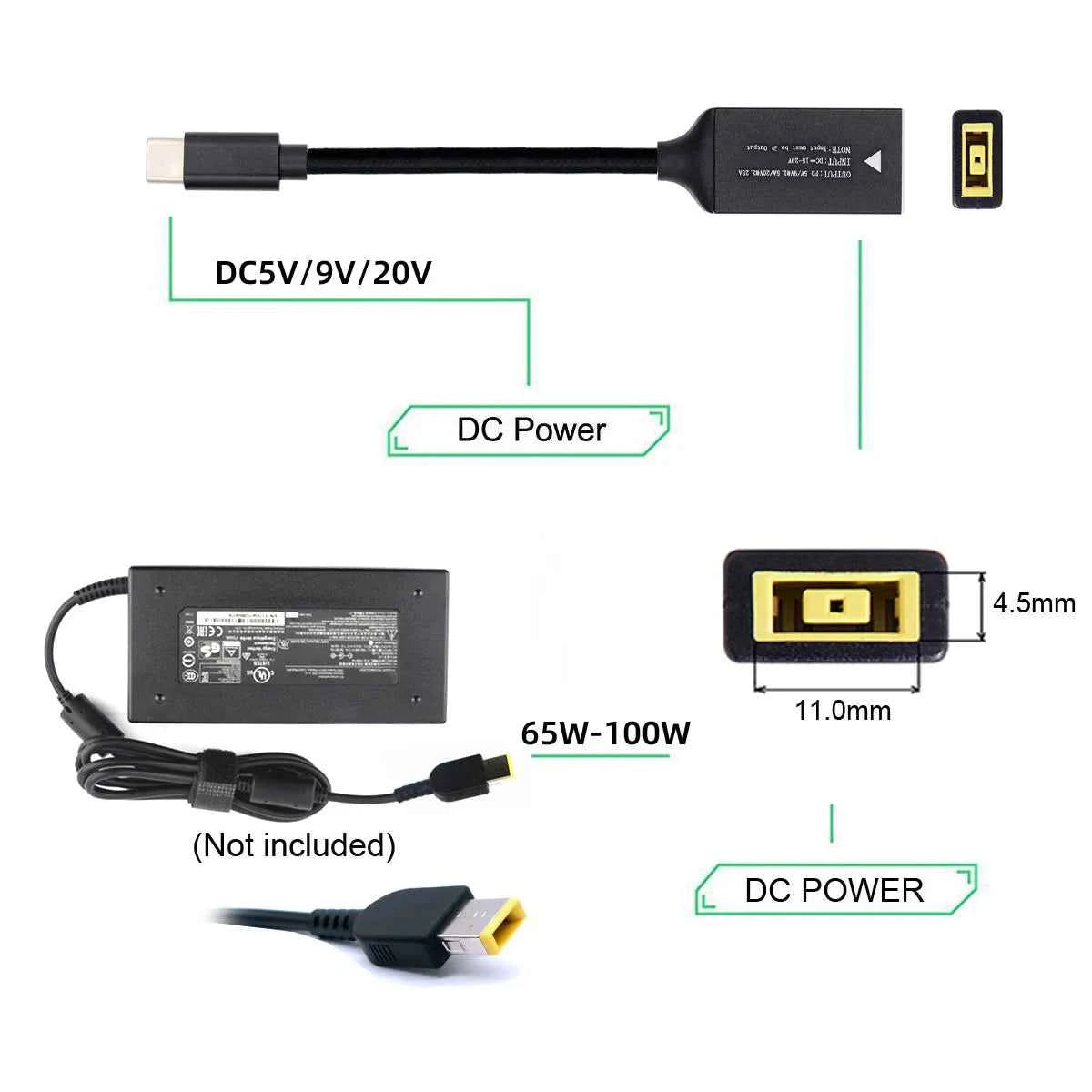 PD100W Square Jack to USB Type-C Converter Charging Cable Compatible with Lenovo Power Adapter for Laptops Mobile Phones Tablets