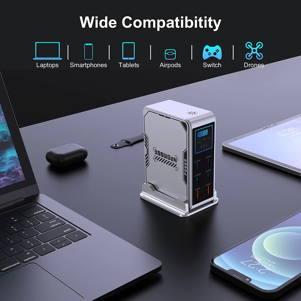 300W USB C Charger,6 Ports USB Charging Station,GaN 100W PD Laptop Fast Charger Adapter Desktop Charger Station with LCD Display for MacBook iPad iPhone Samsung