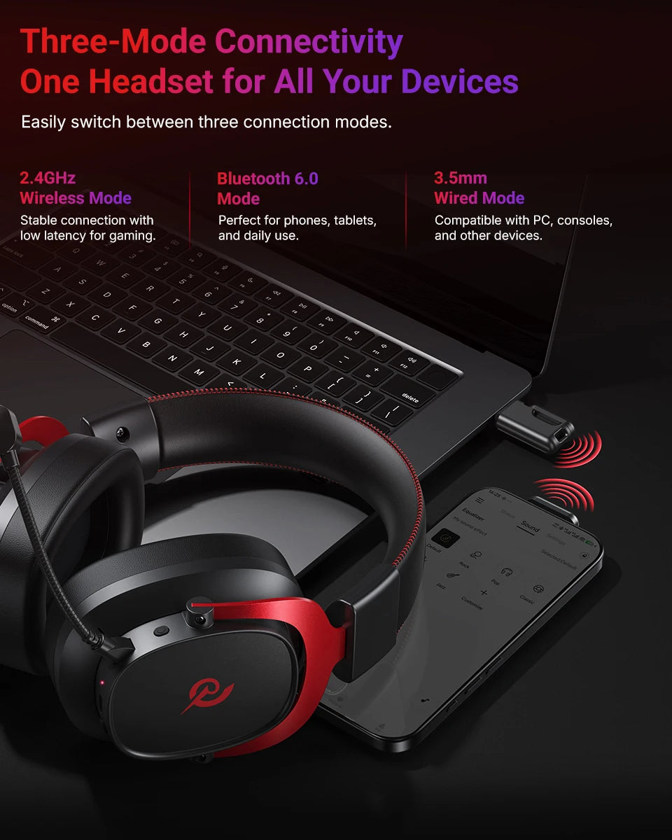 QCY Heroad VT200 Wireless Gaming Headset Detach Mic Over ear Headphone Tri-Mode 7.1 Surround Sound for PC/PS4/PS5 Headset Gamer