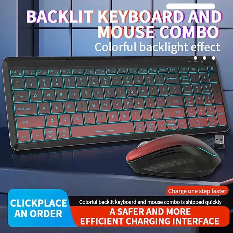 Jomaa RGB Backlit Silent Wireless Keyboard and Mouse Combo 2.4G Dual Mode Rechargeable Wireless Keyboard Mouse set for Desktop/L