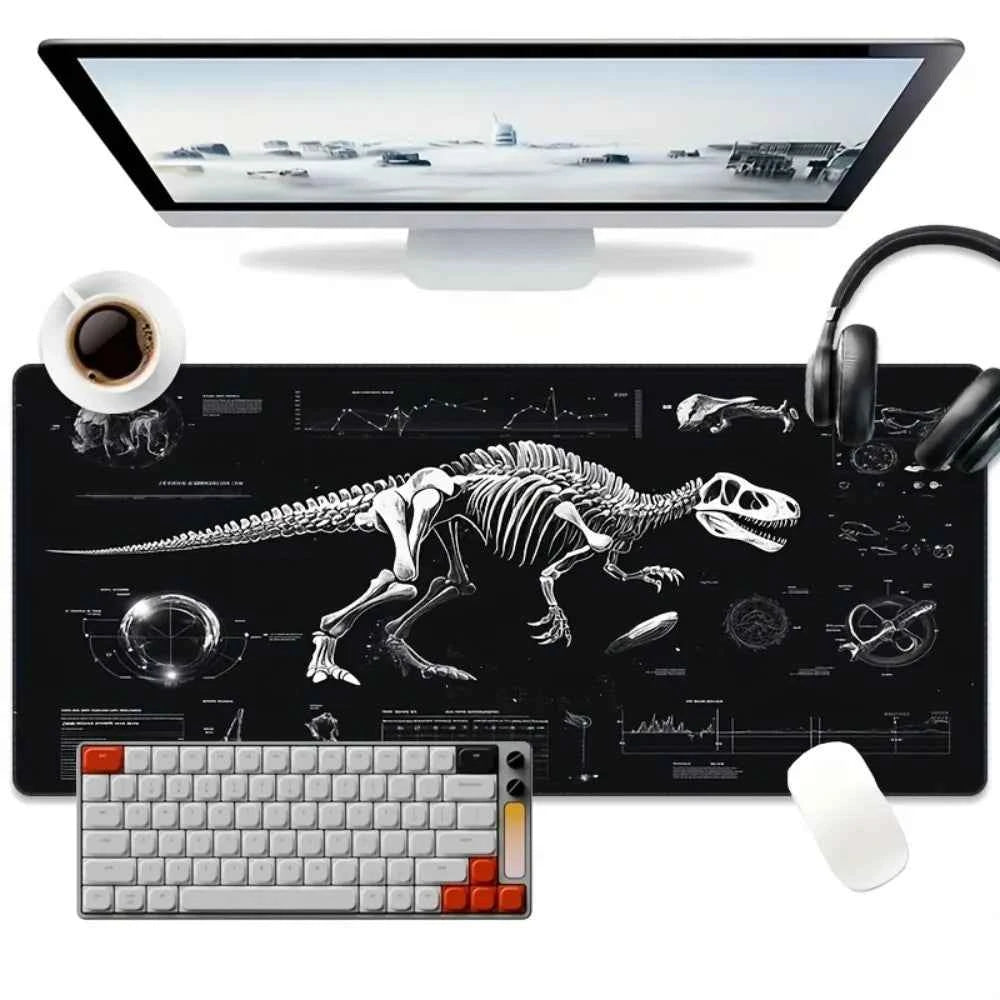 XXL Dinosaur Skeleton Gaming Desk Mat - Black and White Tech Style Extended Pad, Non-Slip Rubber PC Mat