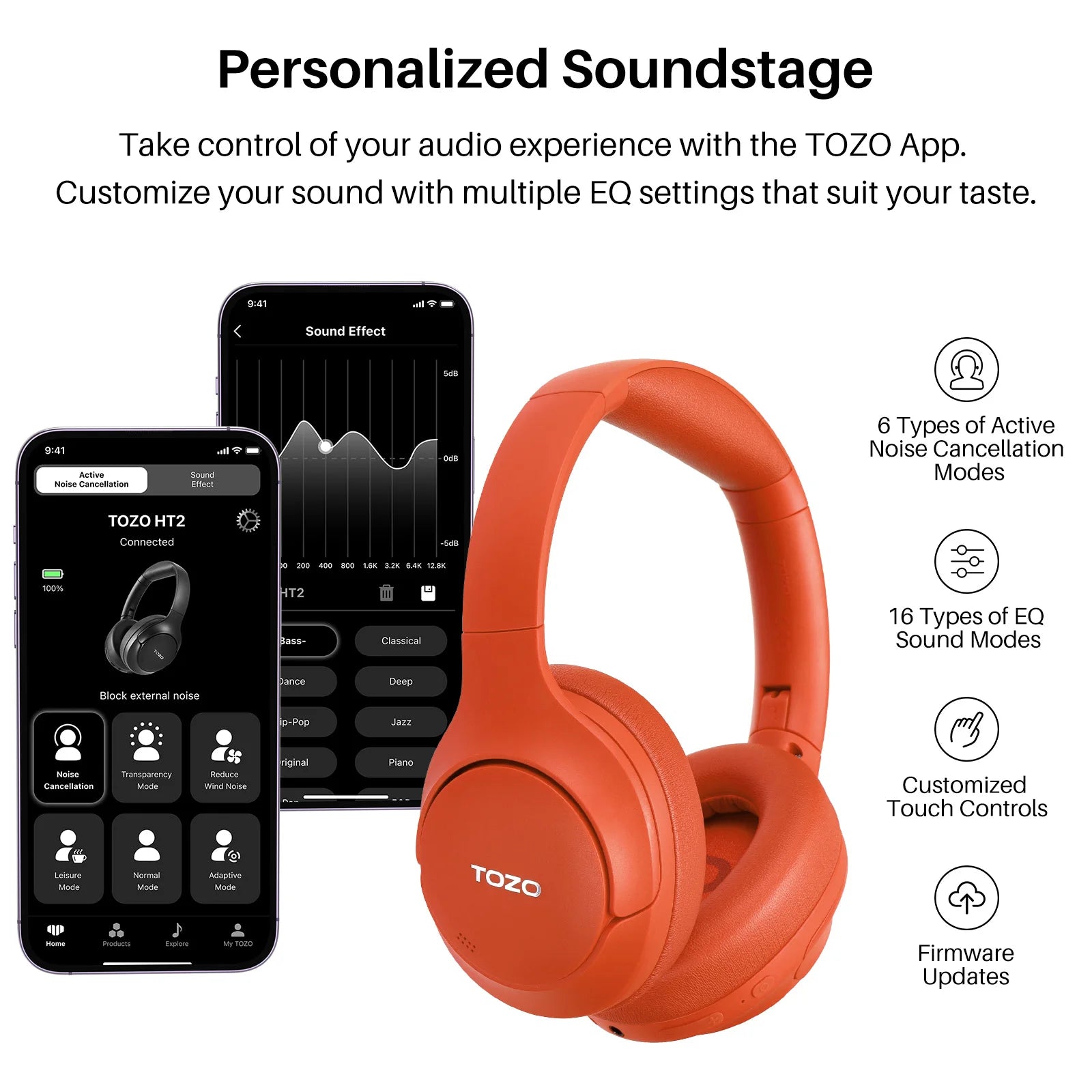 Refurbished TOZO Hi-Res Over Ear Headphones with Mic Hybrid Active Noise Cancelling 38dB Wireless&Wired Headsets 40mm Driver