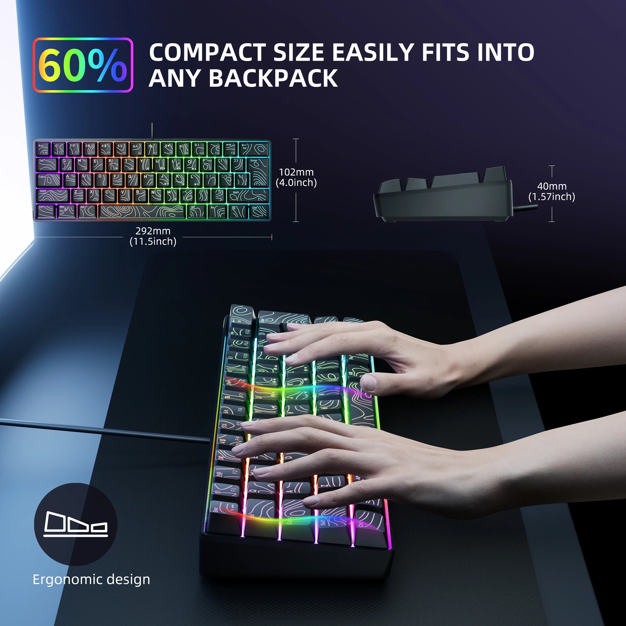 60% Compact Wired Keyboard with RGB Backlight and Membrane Keyswitches. Suitable for Windows tablets, laptops and gamers. Black.