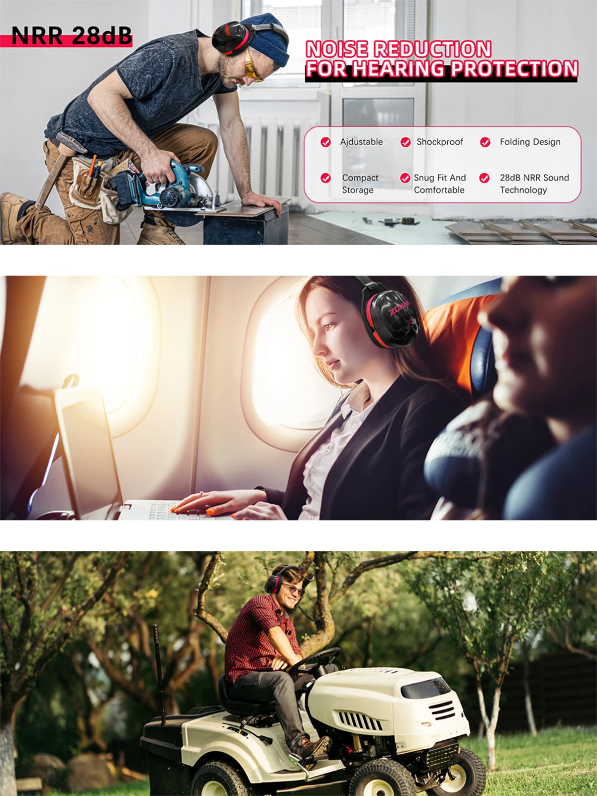 ZOHAN Noise Reduction Earmuffs Hearing Protection Safety Earmuffs Ear Defenders NRR 28dB For Autism Shooting Mowing Fire works