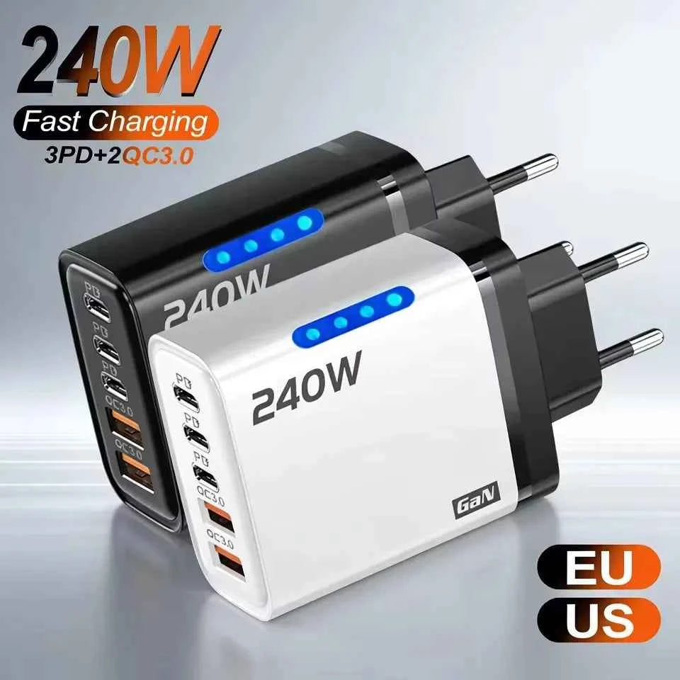 5 IN 1 GaN Desktop Charger For iPhone17 16Pro Laptop Samsung 240W Fast Charging Adapter 10A USB To Type-C Cable 3PD 2USB Charger