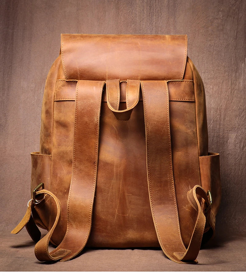 LUOKIR Genuine Leather Laptop Backpack 15 Inch – Vintage Crazy Horse Cowhide Business Travel Backpack for Men, Luxury School Computer Bag