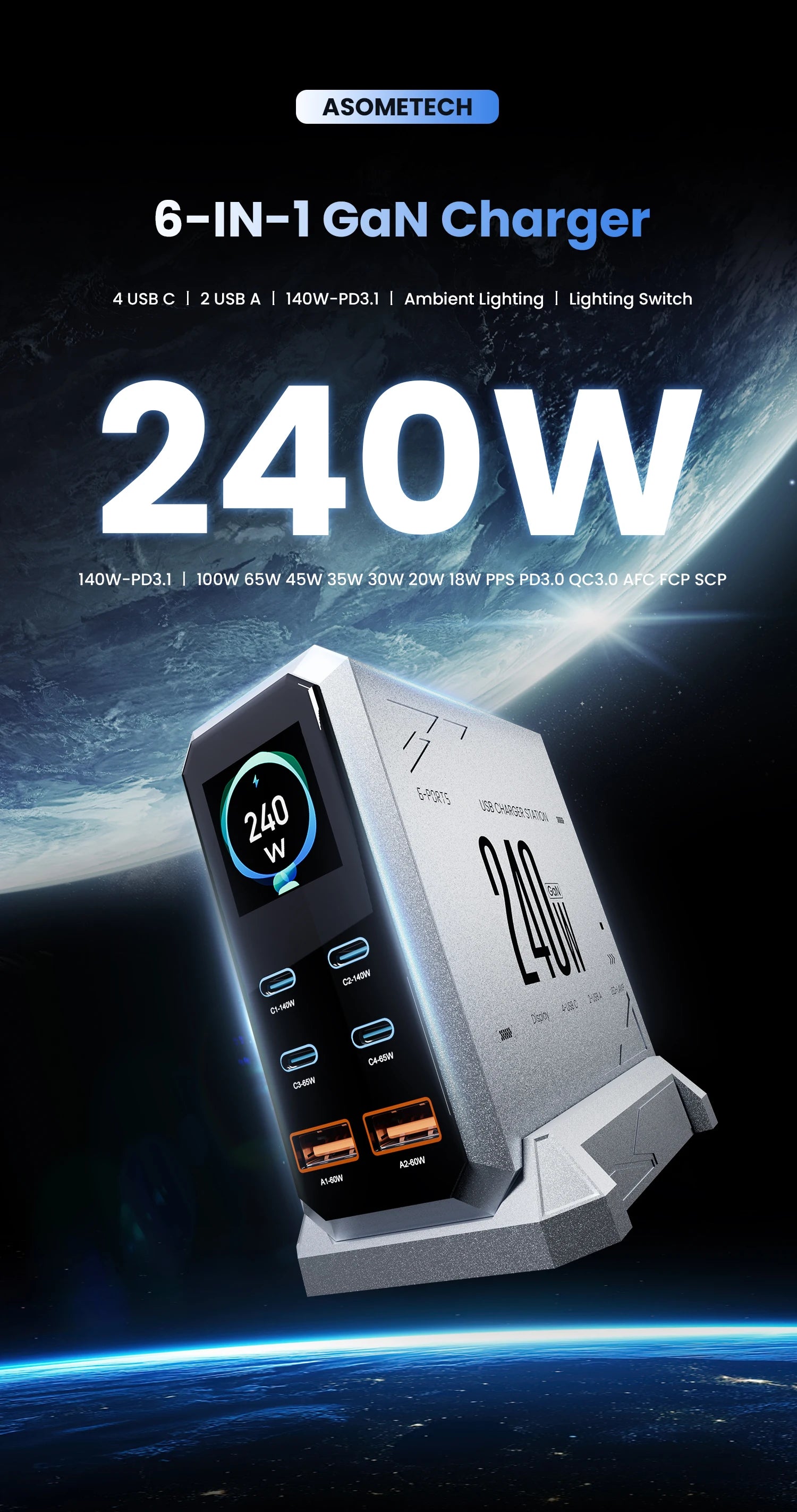 240W Digital GaN Charger PD3.1 140W USB Type C 6 Ports Desktop Fast Charging Station for IPhone Samsung Xiaomi MacBook Laptops