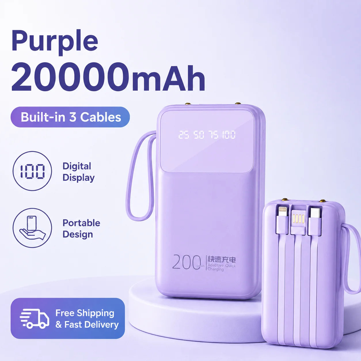 20000mAh Portable Power Bank Built-in 3 Cables Rechargeable External Battery Pack with Digital Display for iPhone Android