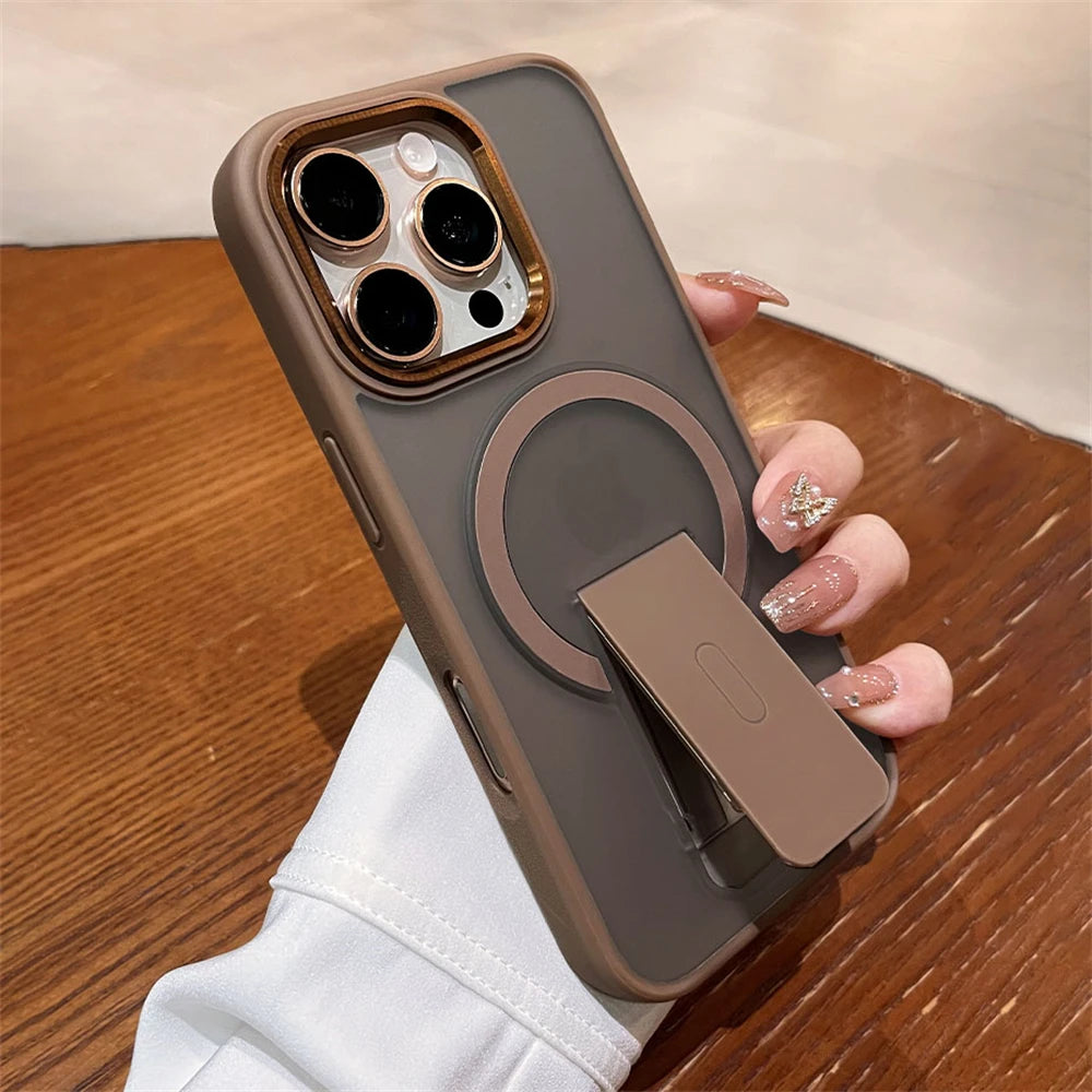 Folding Stand Holder Magnetic Matte Case For iPhone 17 16 Pro Max 15 14 Plus 13 12 For Magsafe Wireless Charge Shockproof Cover