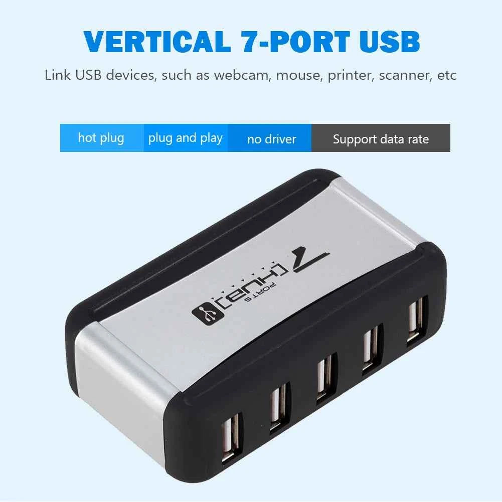 EU/US Plug USB Hub 7 Ports Splitter USB 2.0 Plug and Play Support 1.5/12/480Mbps with Power Adapter for PC Computer and Laptop