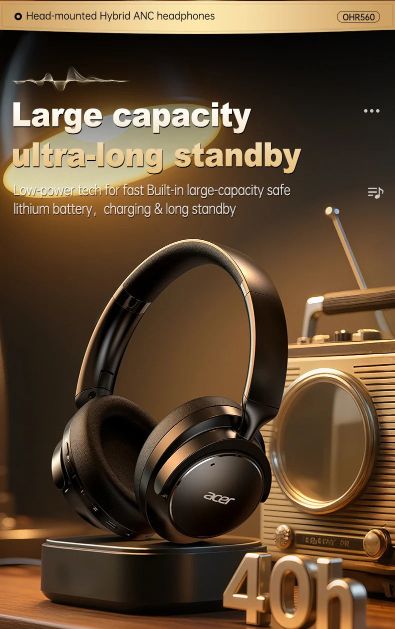 Acer Ohr560 Wireless Bluetooth Headset, Full-Ear Foldable Headphones with Built-In Microphone, Stereo Sound, Active Noise Reduction, Compatible with 3.5mm Audio Cable, Suitable for Work, Travel, and Gaming