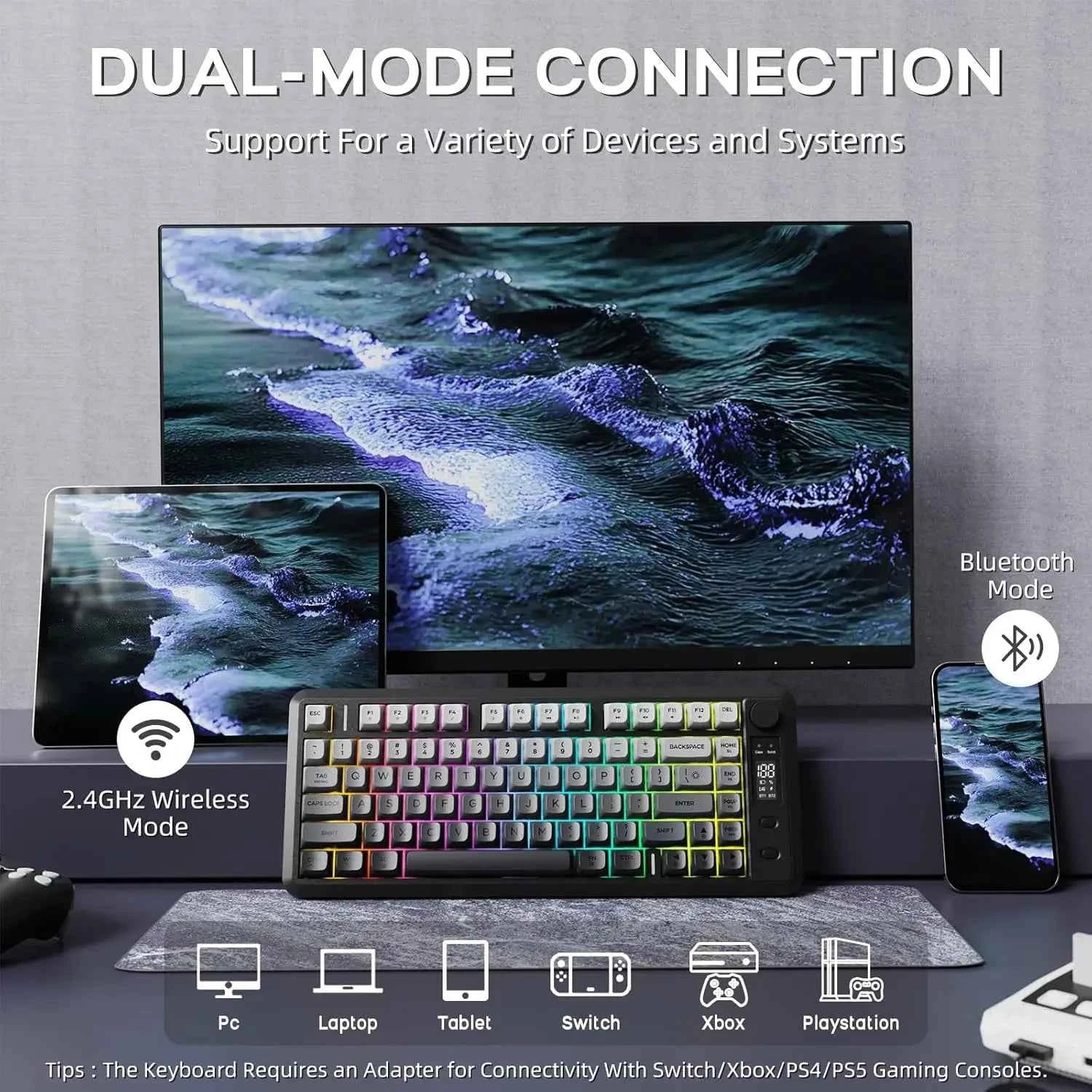 ATTACK SHARK M75 Wireless Membrane Gaming Keyboard with Knob&OLED Display Bluetooth/2.4Ghz Rainbow Backlit Gradient PBT Keycaps