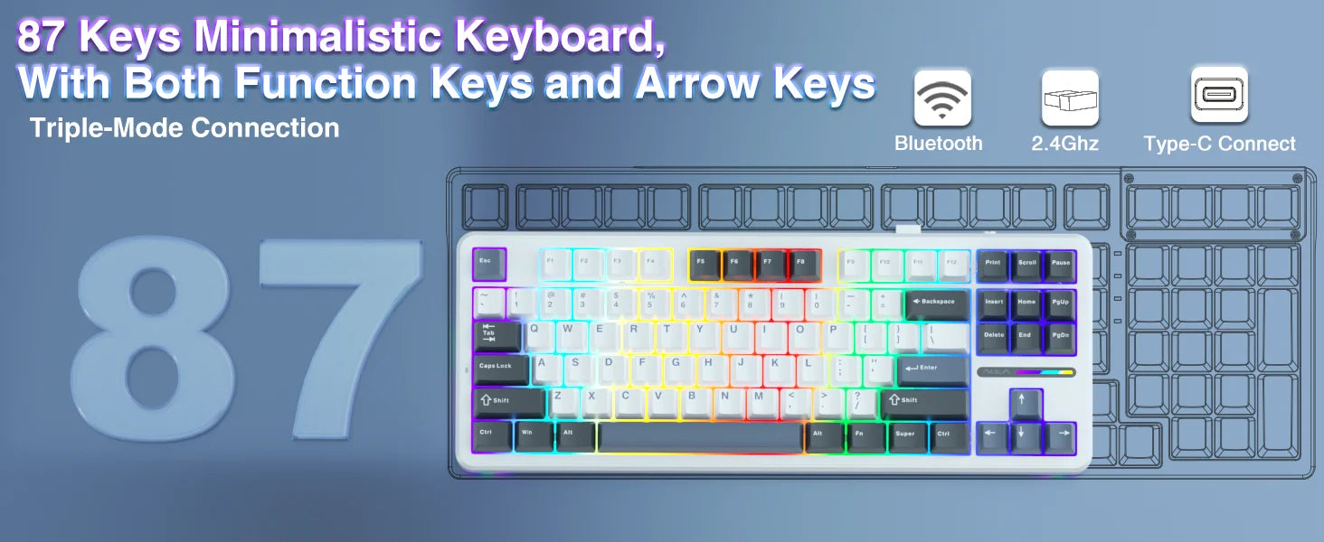 AULA F87 Wireless Keyboard 87 Keys Compact TKL 3 Modes Gasket Gaming Keyboard Hot-Swap RGB Custom RGB Backlit Bluetooth Keyboard