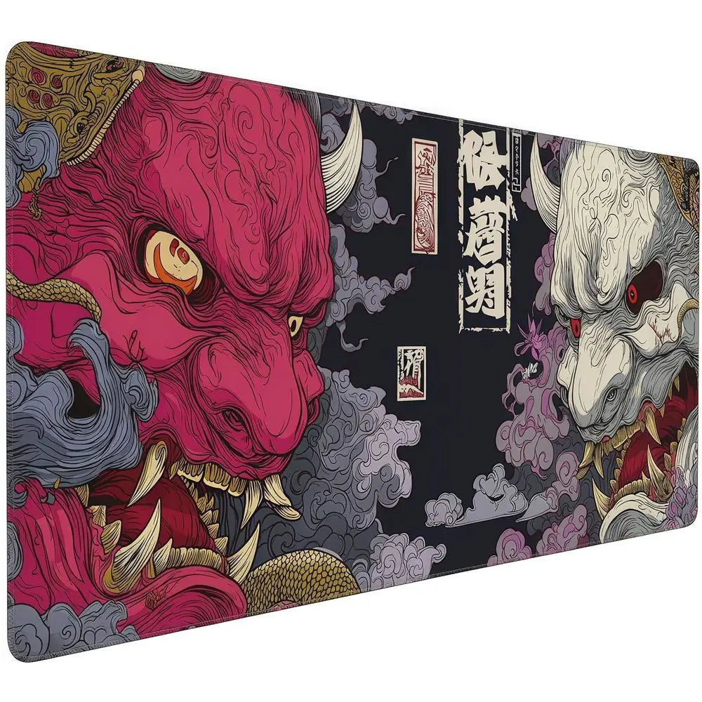 XXL Gaming Mouse Pad with Non-Slip Base, Waterproof & Stitched Edges, Japanese Demon Mask Design, 35.4x15.7 inches