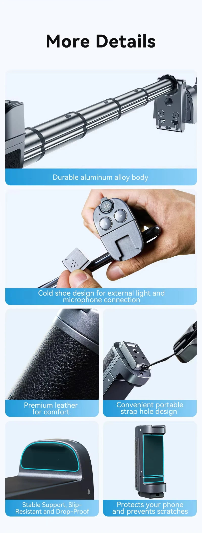 Phone Camera Grip with Bluetooth, Hidden Selfie Stick Stand Multi-Mode Control Universal Fit for IPhone/Android - Vlog Essential