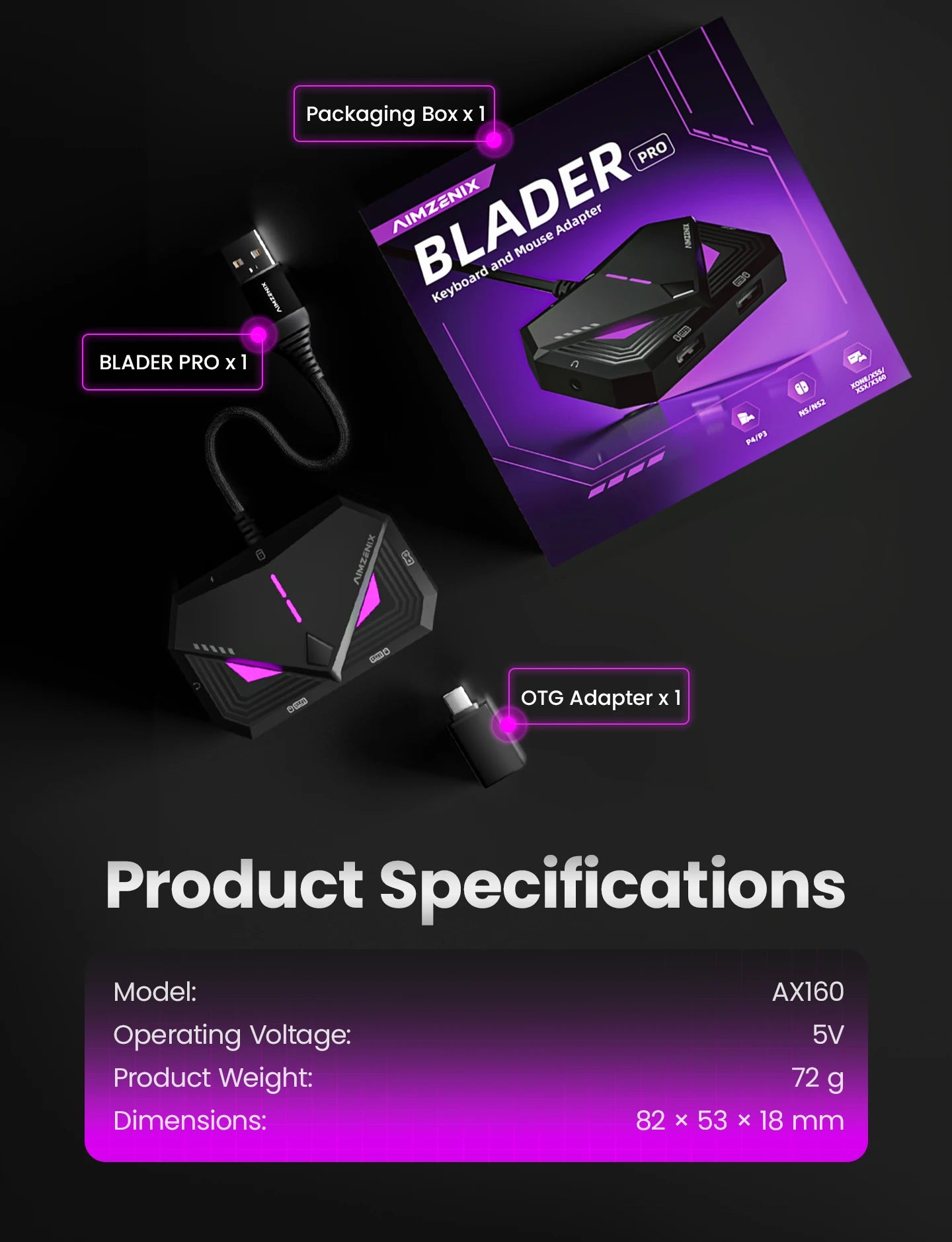 Aimzenix Blader Pro AX160 Keyboard And Mouse Converter for PS4, XONE, X360, XSS, XSX, N-Switch, Supports 3.5mm Headphones, APP
