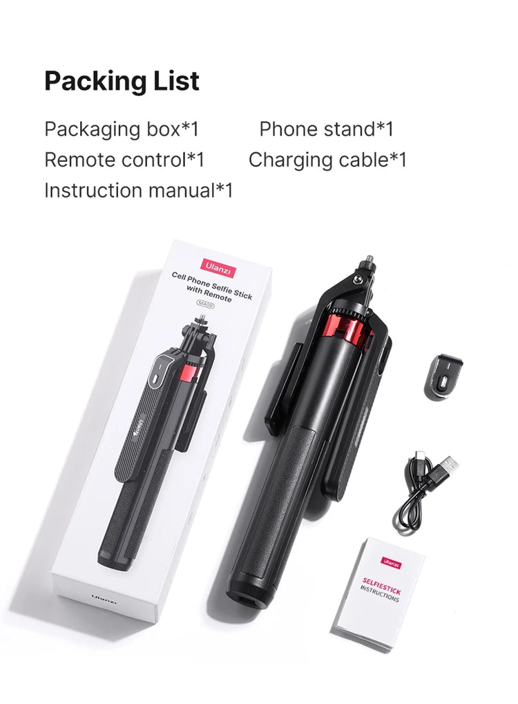 Ulanzi MA09 1.8m Selfie Stick Tripod for iPhone 17 15 Android Phone with Remote Control Panoramic Ball Head Holder U200 VL49 Kit