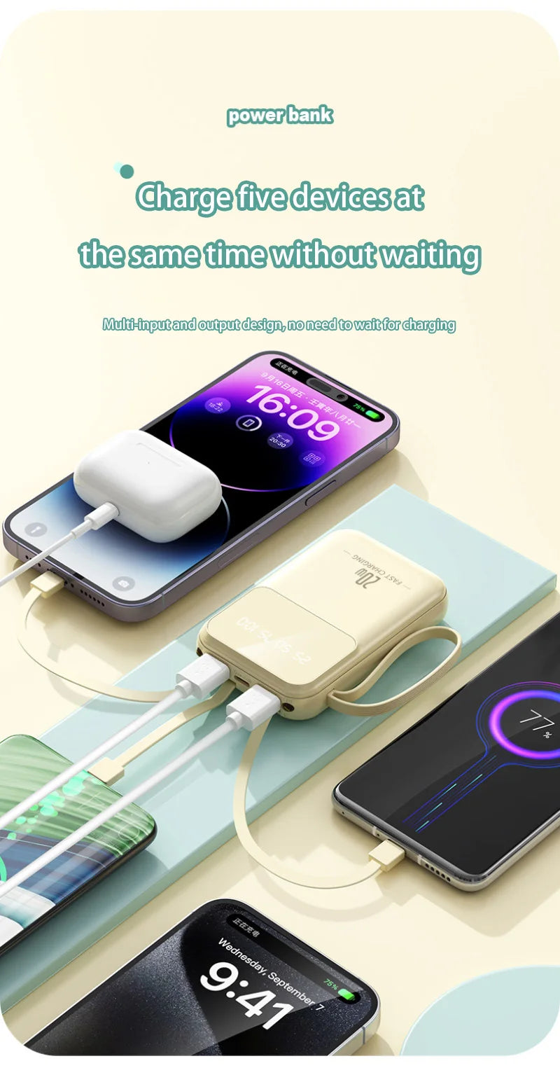 10000mAh compact portable power bank charging with built-in charging cable Powerbank suitable for iPhone/Samsung/Xiaomi/Huaewei