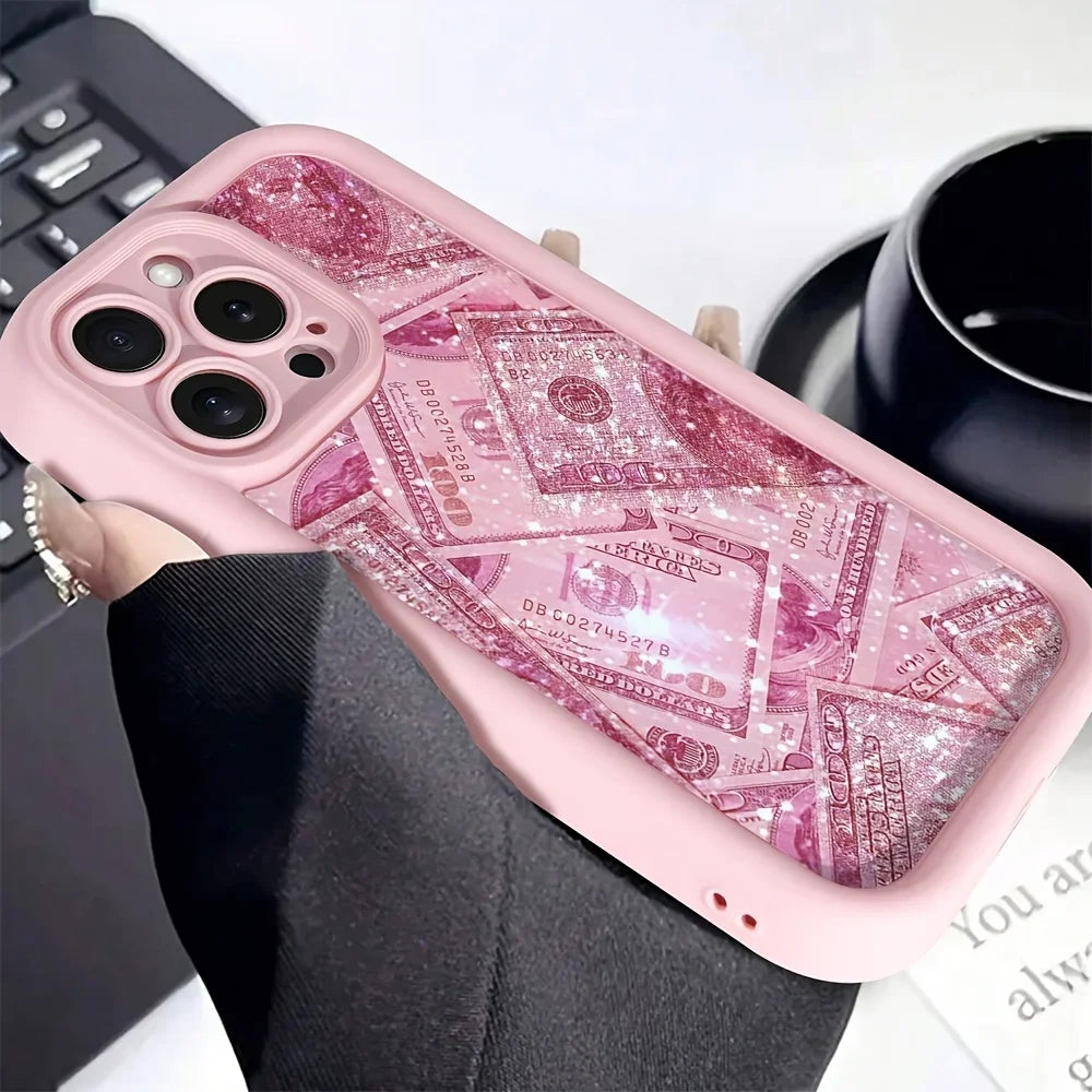 Pink Dollars Full-Coverage Banknote Design Silicone Phone Case For iPhone 17AIR 16 15 14 13 12 11PROMAX Cover