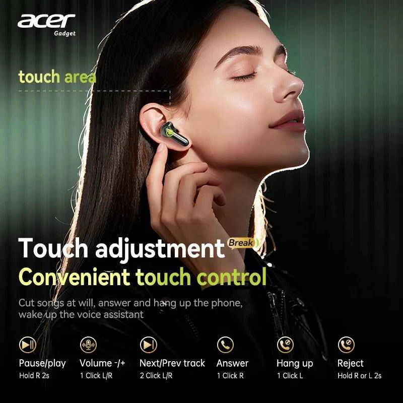 Acer In-Ear Wireless Bluetooth Headphones with Anc Active Noise Reduction, Hd Calls, Dolby Surround Sound, Large Battery, Long Battery Life, No Delay for Music and Games, Suitable for Sports, Running, and Fitness Use