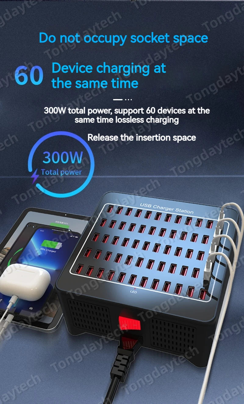 300W Universal Multi USB Charger Station 60 Ports Fast Charging Carregador for iPad iPhone 11 12 13 Pro Max Samsung Tablet 충전기