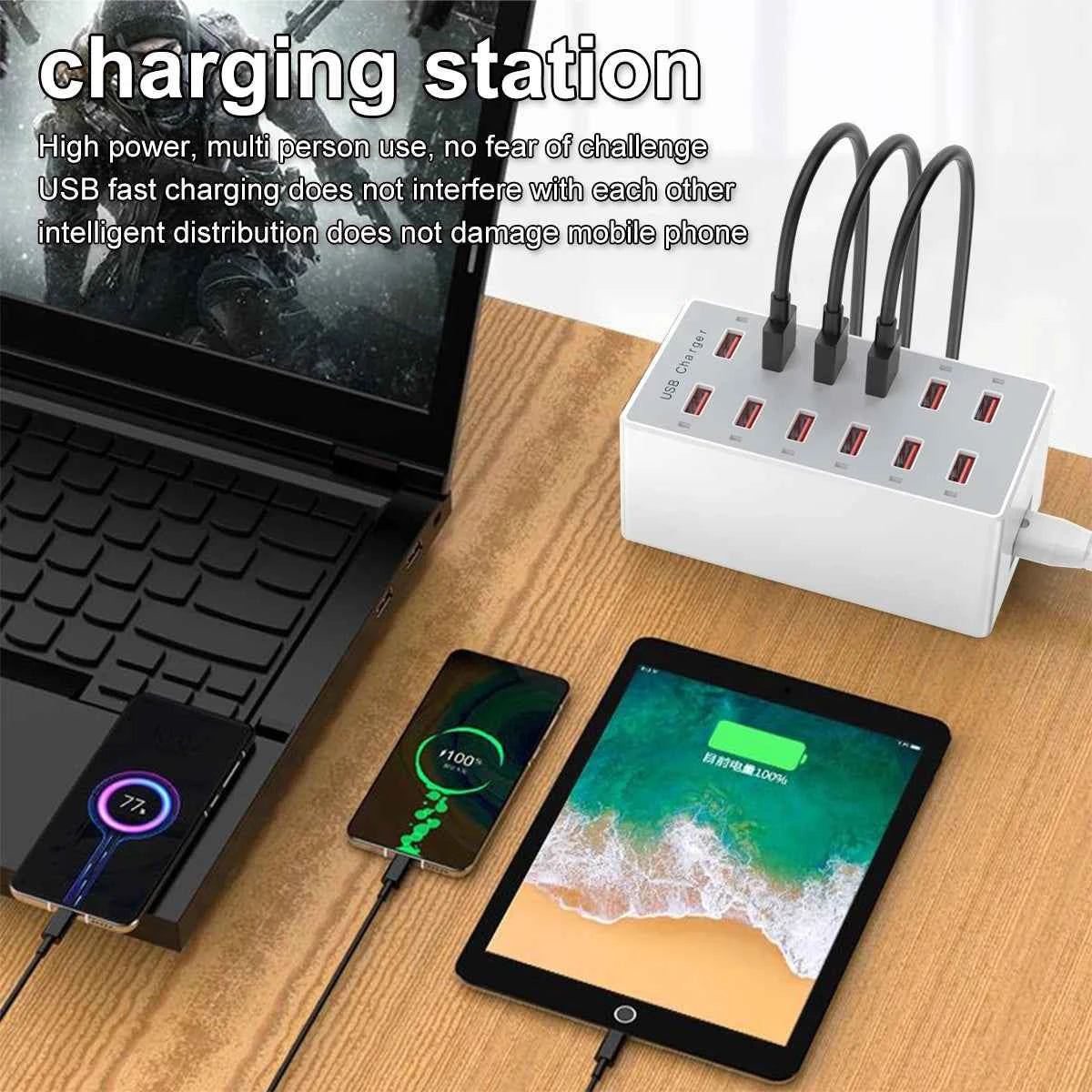 12-Port 60W Desktop USB Charger Smart Fast Charging Station US Wall Plug for Phones & Tablets