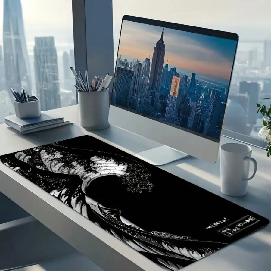 XXL Gaming Mouse Pad Featuring A Black-And-White Wave Art Design; Washable Surface; Stylish Rectangular Desk Mat Suitable For Desktops, Laptops, Office Work