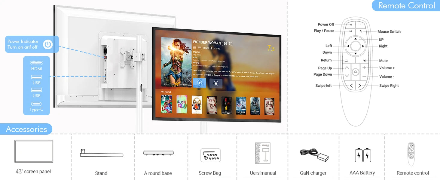 MWE 32 inch portable smart monitor on wheels, 2K smart touch screen with Android OS, 8H video playback time