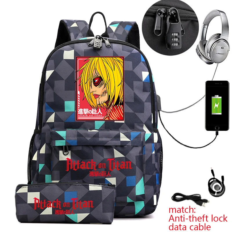 Attack on Titan Anime Print School Backpack Anti-Theft Laptop Bag for Boys Girls with Pencil Case