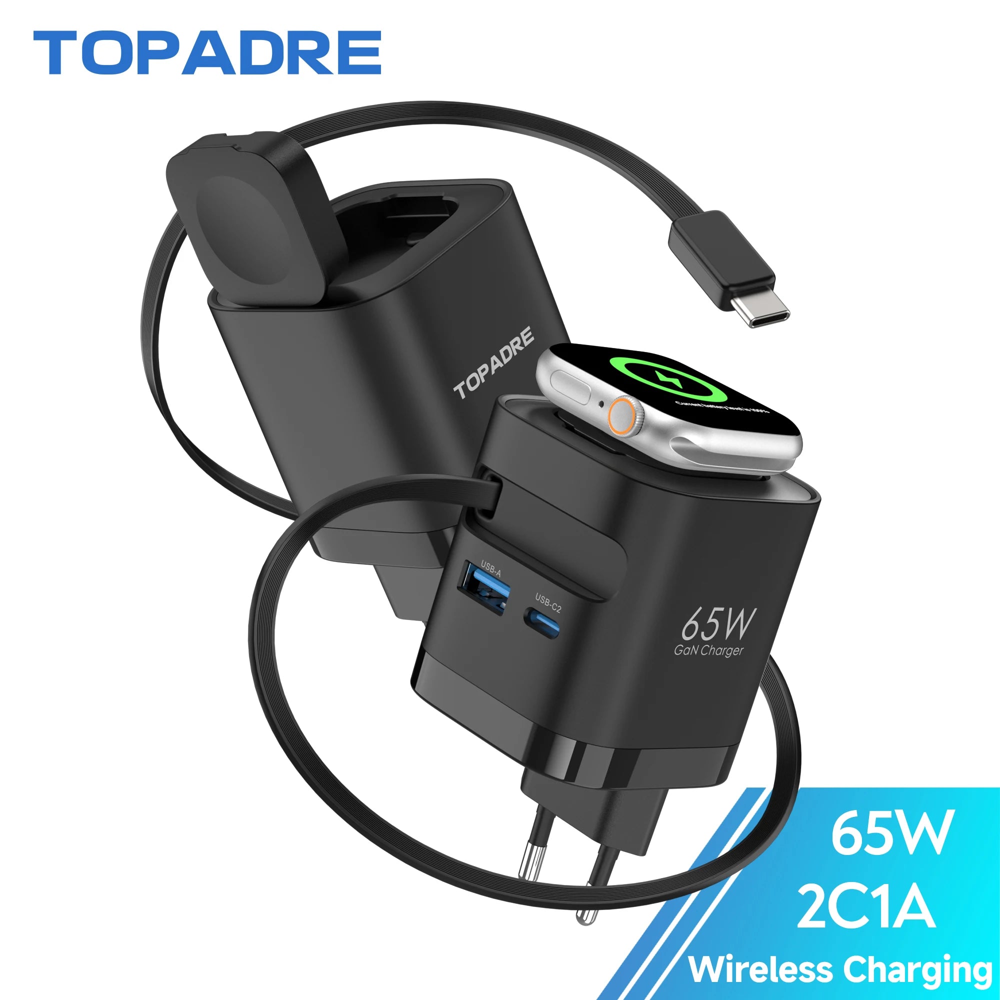 TOPADRE Retractable 65W For Apple Watch wireless Charger, Rapid Charging for Macbook,for iPhone, iPad smartphone, Foldable