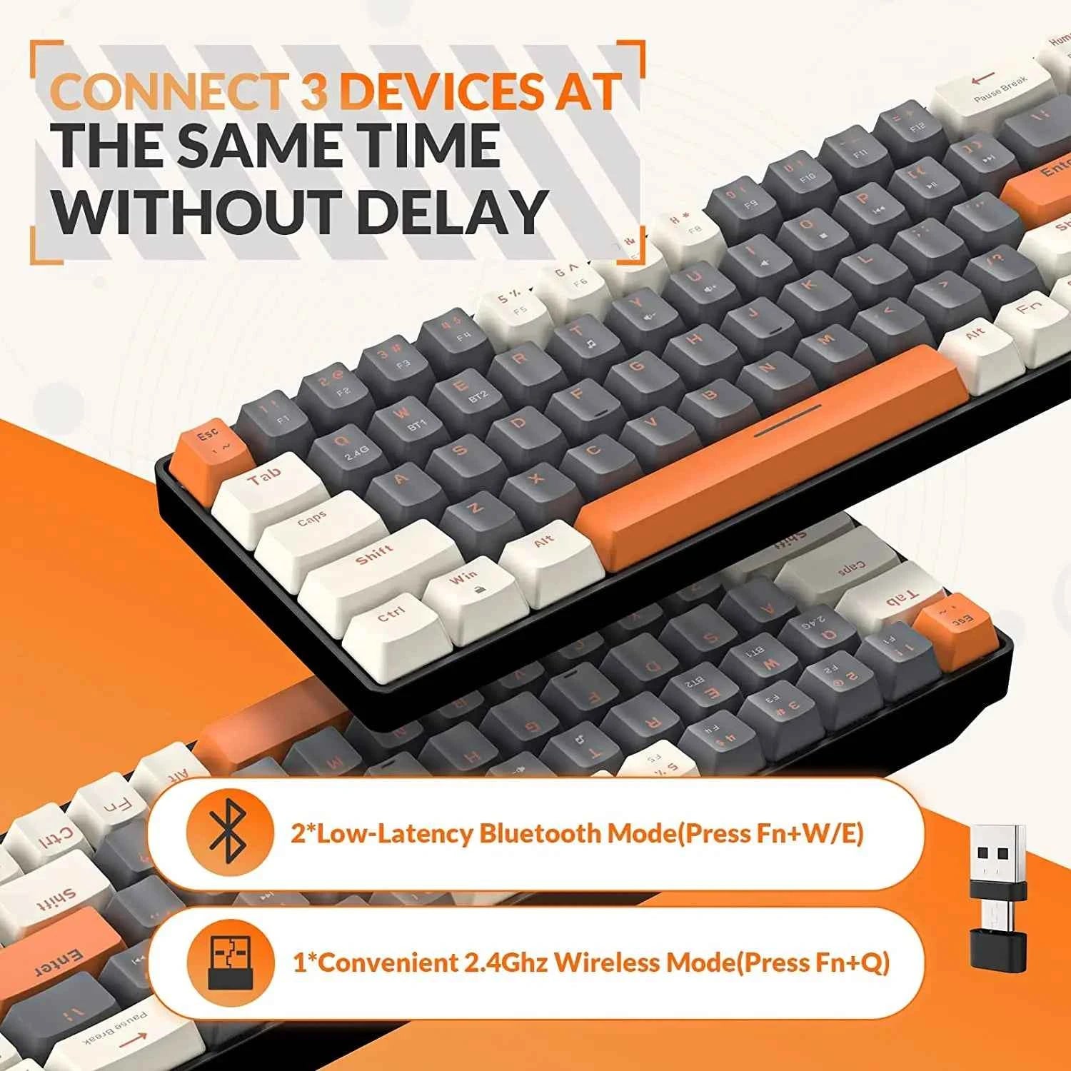 RK68 60% Wireless Mechanical Keyboard, Bluetooth 5.0/2.4GHz with Dual Mode 2-in-1 Receiver, 68-Key Hot-Swappable Gaming Keyboard