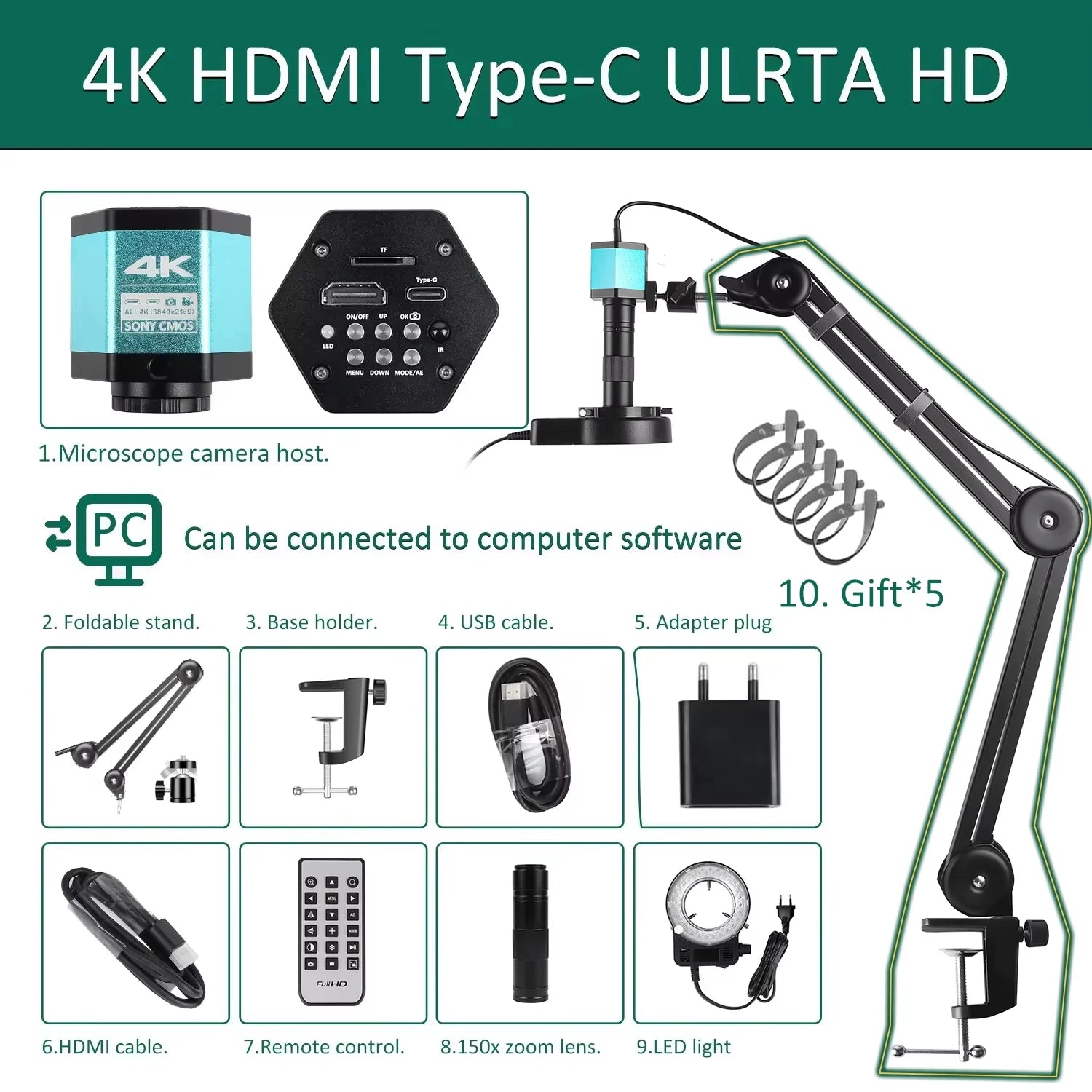 4K Microscope 48MP Digital Microscope For Electronics USB Industrial Cameras HDMI 1-150X Zoom C-Mount Lens Phone Pcb Soldering