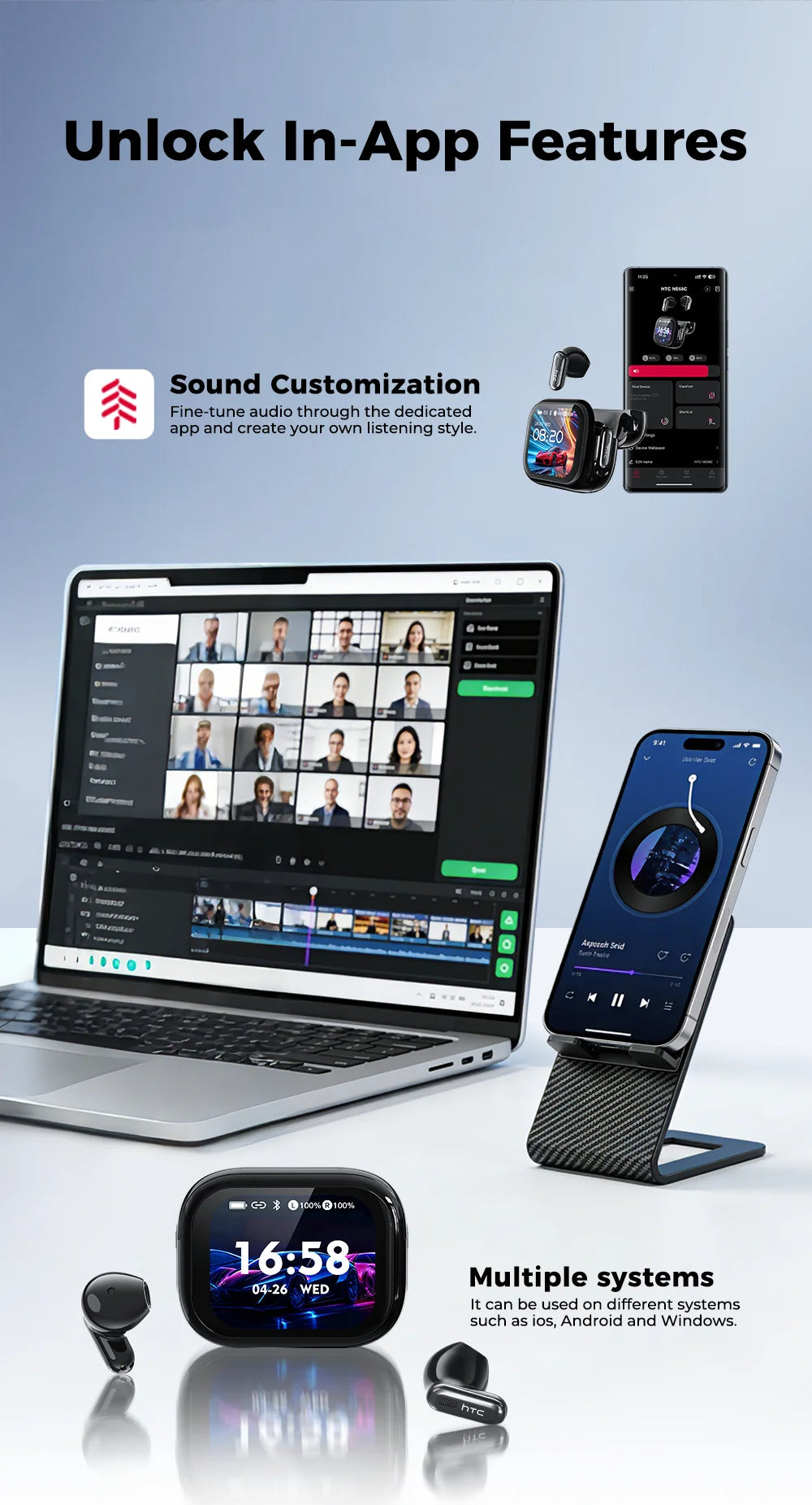 New HTC NE68 TWS Earbuds Bluetooth 6.0 Smart Touchscreen Case 134-Language AI Translator ANC IPX5 Waterproof 48H Playtime