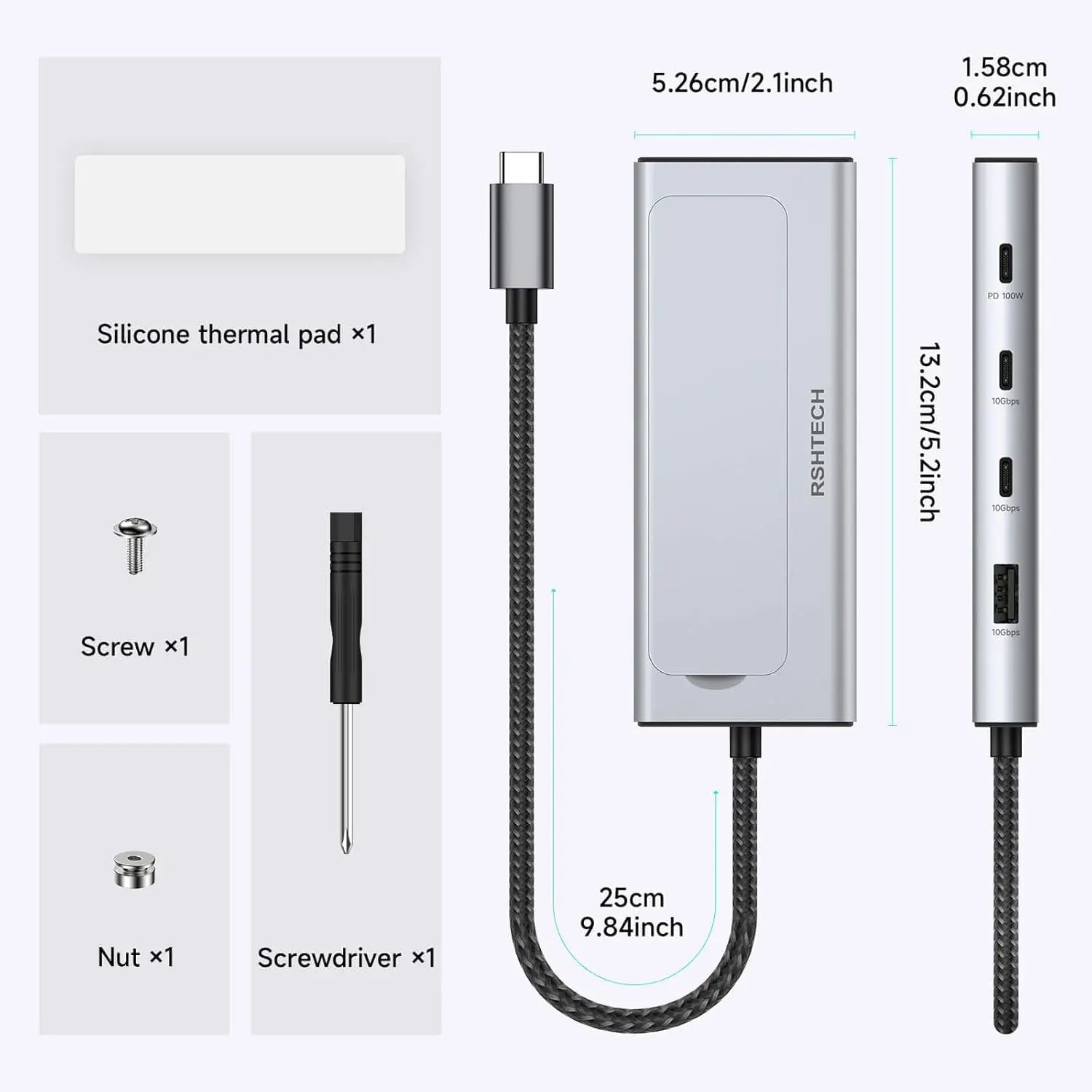 RSHTECH M.2 NVMe/SATA SSD Enclosure 5-in-1 Aluminum 10Gbps USB C Hub with 3 USB 3.2 Data Ports 100W Power Delivery and M2 SSD Docking Station External USB-C to M.2 Caddy for Laptops MacBook