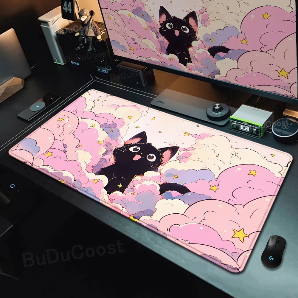 Kawaii Black Cat Mousepad Fast Delivery Keyboard Desk Mat 40x90cm Lock Edge Extend Mouse Pad Starlit Sky Office Table Protection