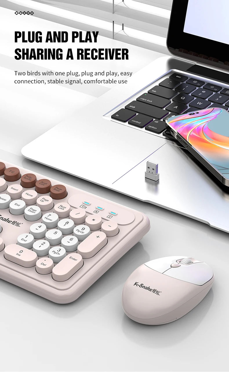 K-Snake WK200 Wireless Keyboard Mouse Set Cute Punk Keycap USB Wireless Business Keyboard Mouse Set Laptop Typing Office