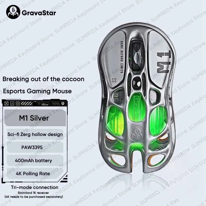 GravaStar M1 M2 Wireless Magnesium Alloy Gaming mouse PAW3395 4K 26000DPI bluetooth 2.4G wired Hollow design Gamer Mouse Gifts
