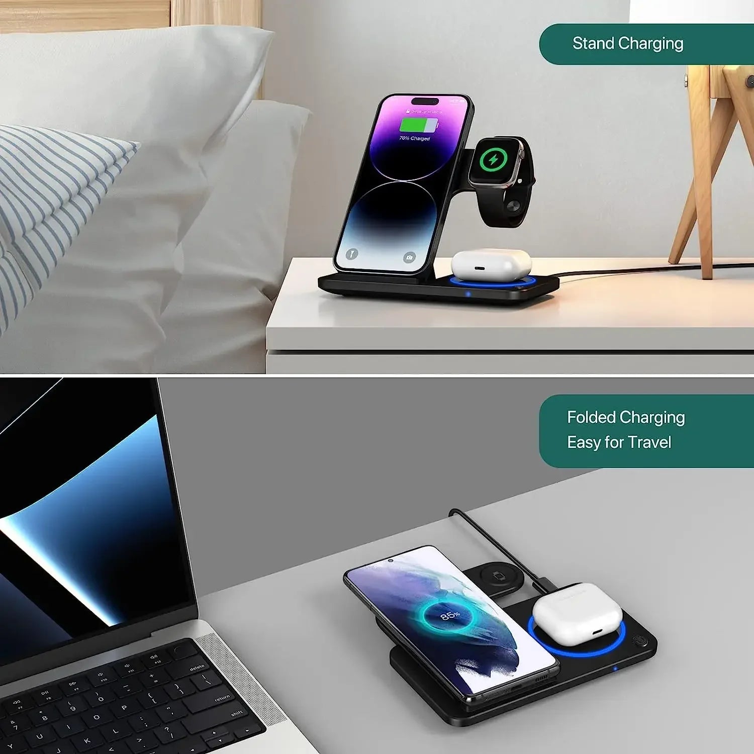 30W 3 in 1 Fast Wireless Charger Stand Foldable Wireless charging for IPhone 15 14 13 12 11 Apple Watch 9 8 7 6 5 Airpods Pro