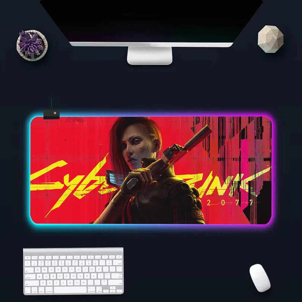Hot Cyberpunk Sci-Fi Games RGB Pc Gamer Keyboard Mouse Pad Mousepad LED Glowing Mouse Mats Rubber Gaming Computer Mausepad