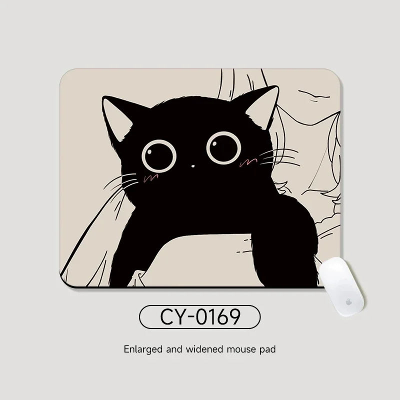 Black Cat Illustration Mouse Pad Small Office Table Mats Computer Accessories Washable Anti-slip Rubber with Precision Lock Edge