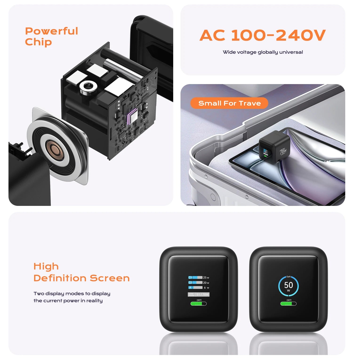 ASOMETECH 70W GaN Charger With Retractable Type C Cable 45W PD QC PPS Travel Charger for iPhone 16 Laptop Macbook Tablet Samsung