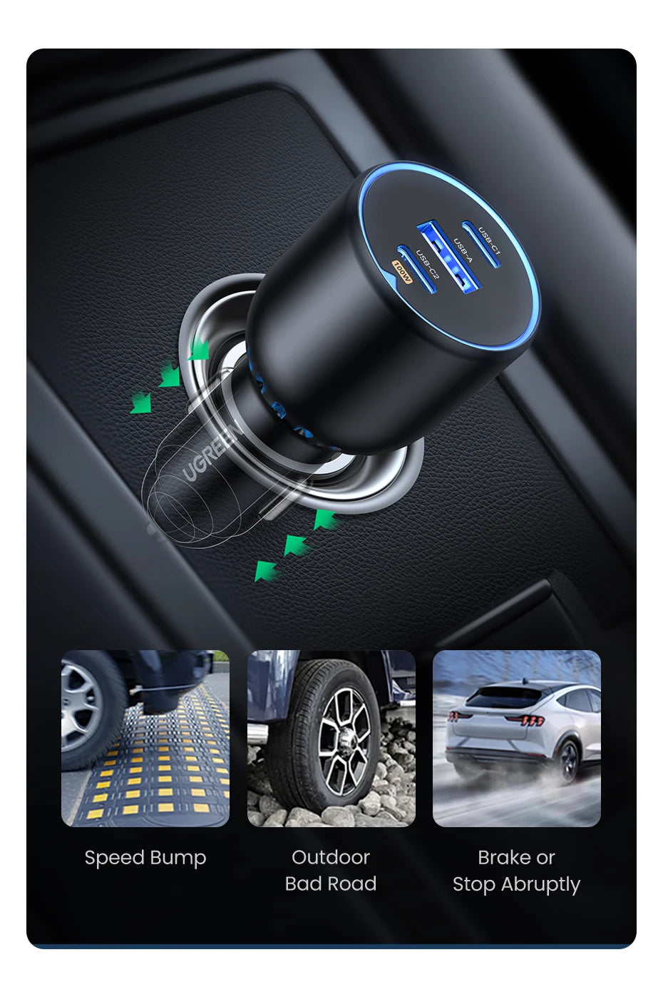 UGREEN 130W USB C Fast Car Charger For Xiaomi iPhone 17 Samsung Galaxy S25 Laptops PD3.0 Fast Charging USB Type C Car Charger