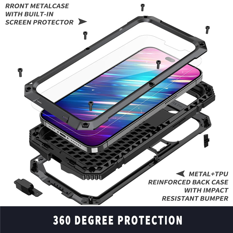 for iPhone 14 13 12 Pro Max Mini 11 Pro Max Case Full-Body Rugged Armor Shockproof Protective Kickstand Aluminum Metal Cover
