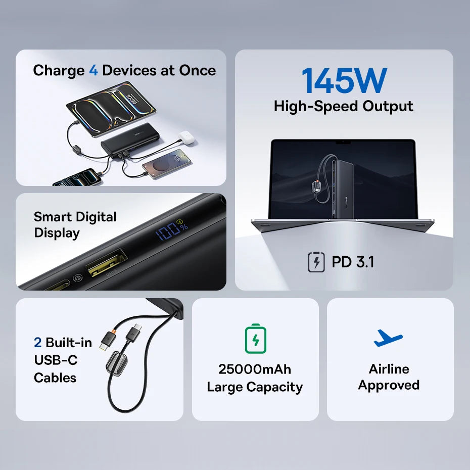 Baseus 145W Power Bank 25000mAh Fast Charging Built-In Type-C Cable Portable Battery Charger for iPhone Samsung MacBook Tablet