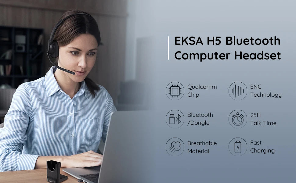 EKSA - H5 Bluetooth 5.0 Headsets, PC Wireless Headphones, 2 Mics ENC Earphones, with Charging Base USB Dongle for Office