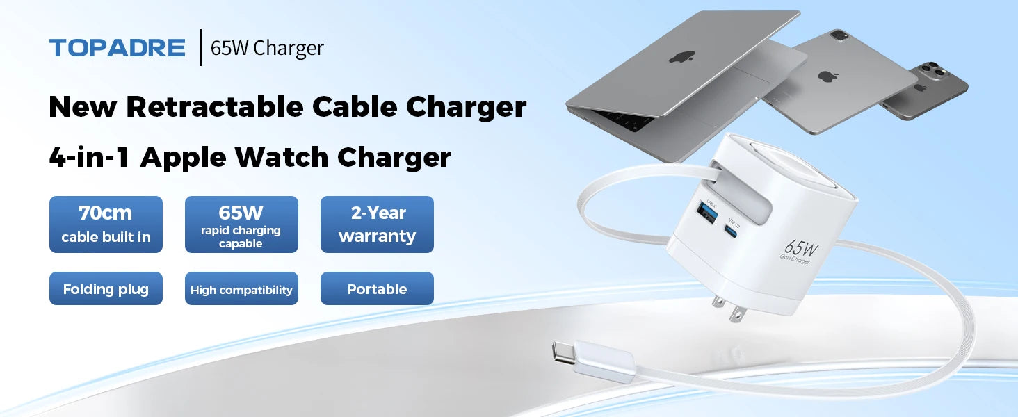 TOPADRE Retractable 65W For Apple Watch wireless Charger, Rapid Charging for Macbook,for iPhone, iPad smartphone, Foldable