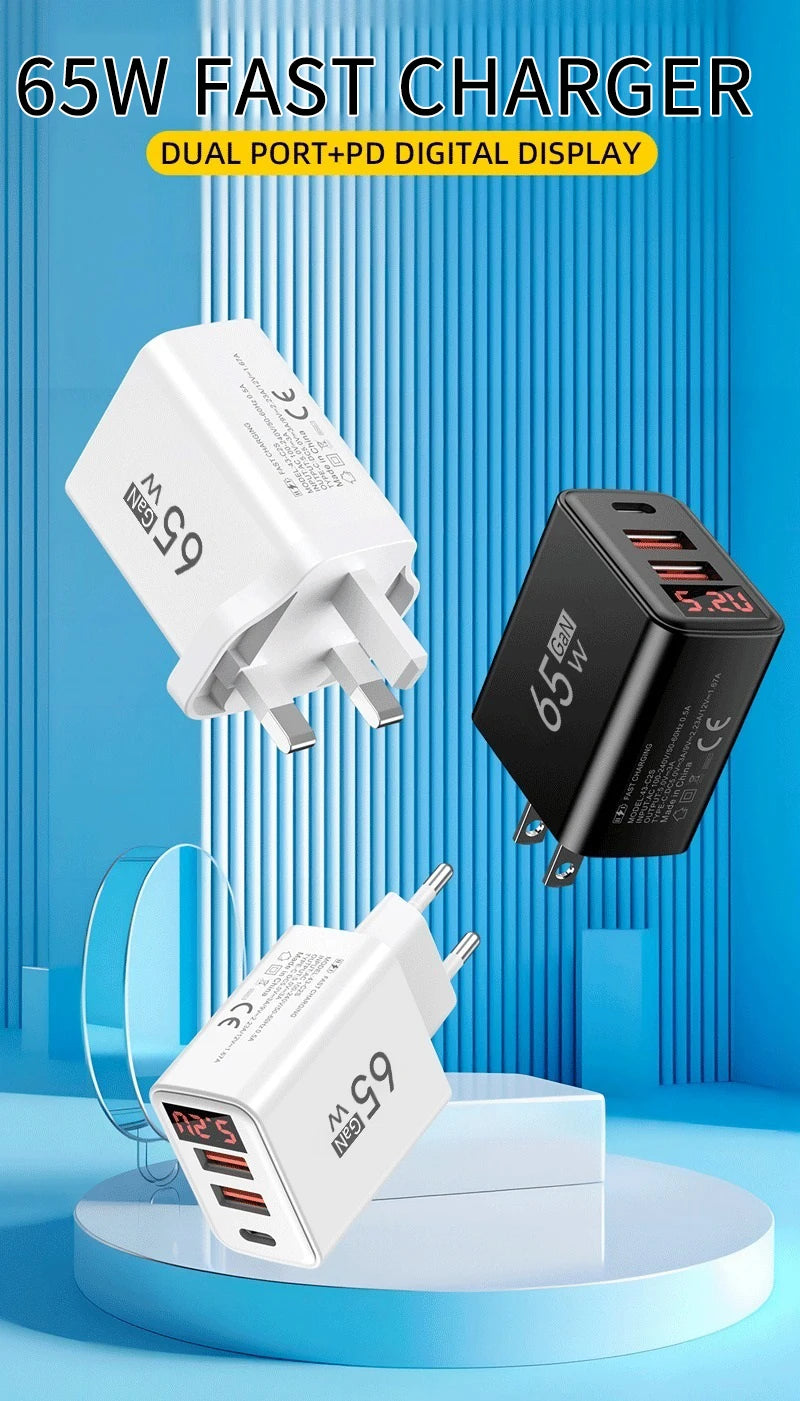 Type C USB 65W Fast Charger Mobile Phone Digital Display USB C Quick Charge 3.0 Wall Adapter For iPhone 14 Pro Oneplus Xiaomi 14