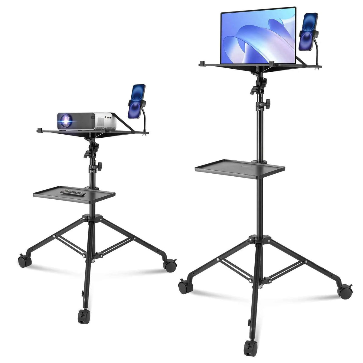 SucceBuy Portable Projector Tripod Stand Adjustable Height w/ Tray & Gooseneck Phone Holder for Outdoor Movies Home Office Stage